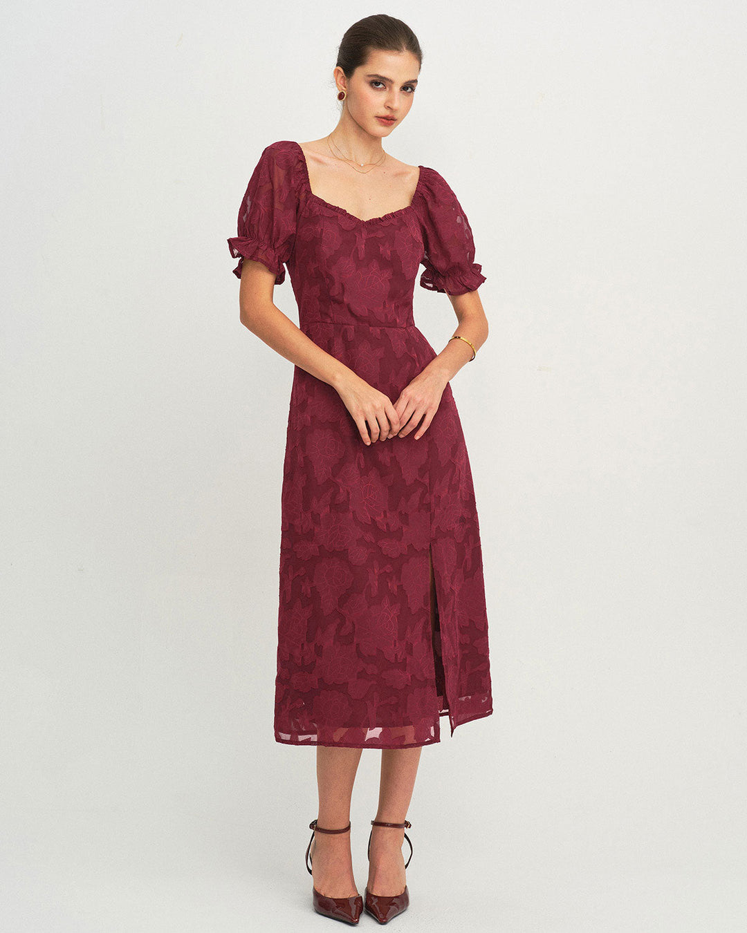 Morgan and Brooke | Wine Red Jacquard Slit Midi Dress
