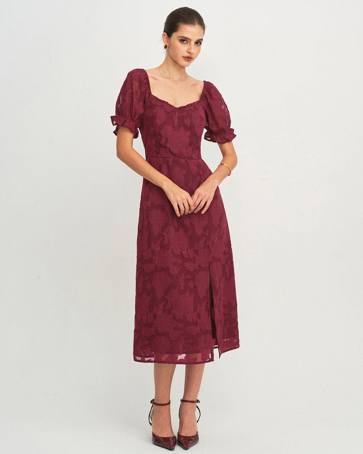Morgan and Brooke | Wine Red Jacquard Slit Midi Dress