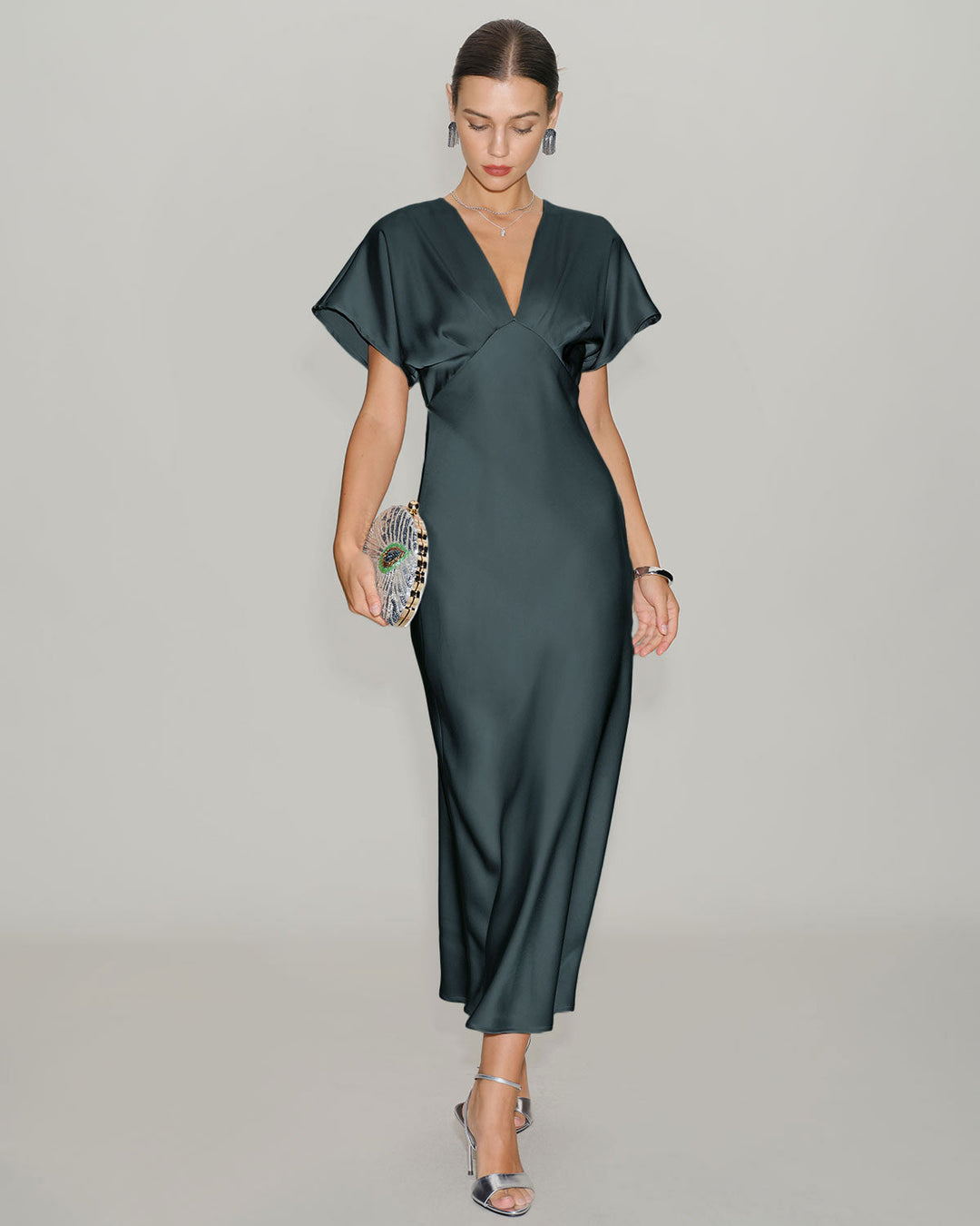 Morgan and Brooke | Satin Cowl Sleeve Midi Dress in Grey Green