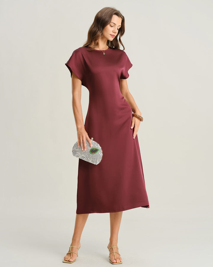 Morgan and Brooke | Satin Cowl Sleeve A-Line Midi Dress in Red