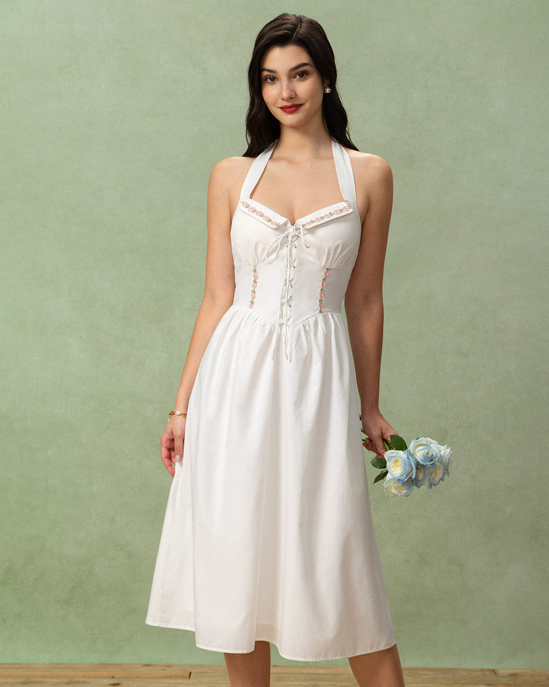Morgan and Brooke | White Embroidered A-Line Halter Midi Dress