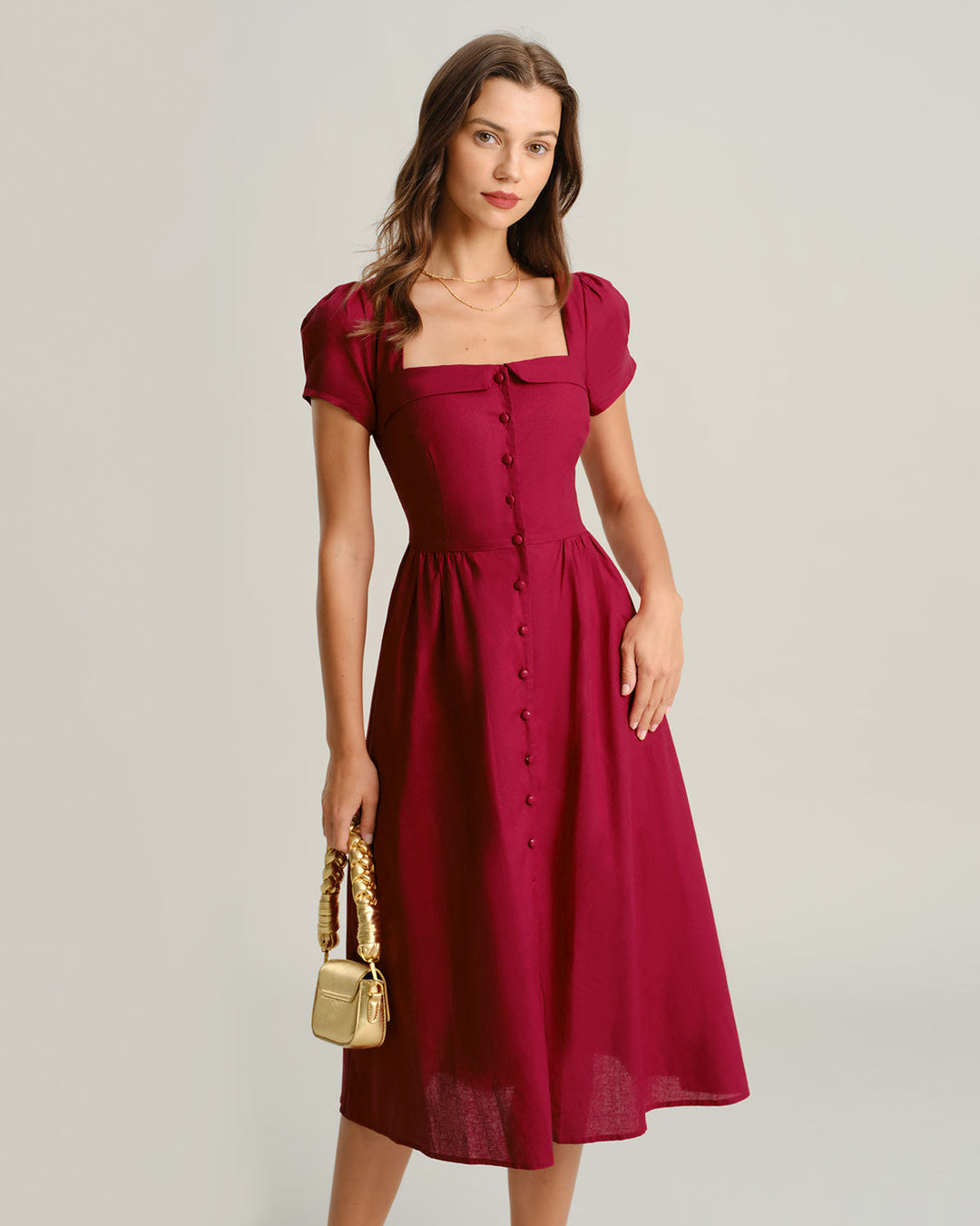 Morgan and Brooke | Wine Red Square Neck A-Line Midi Dress