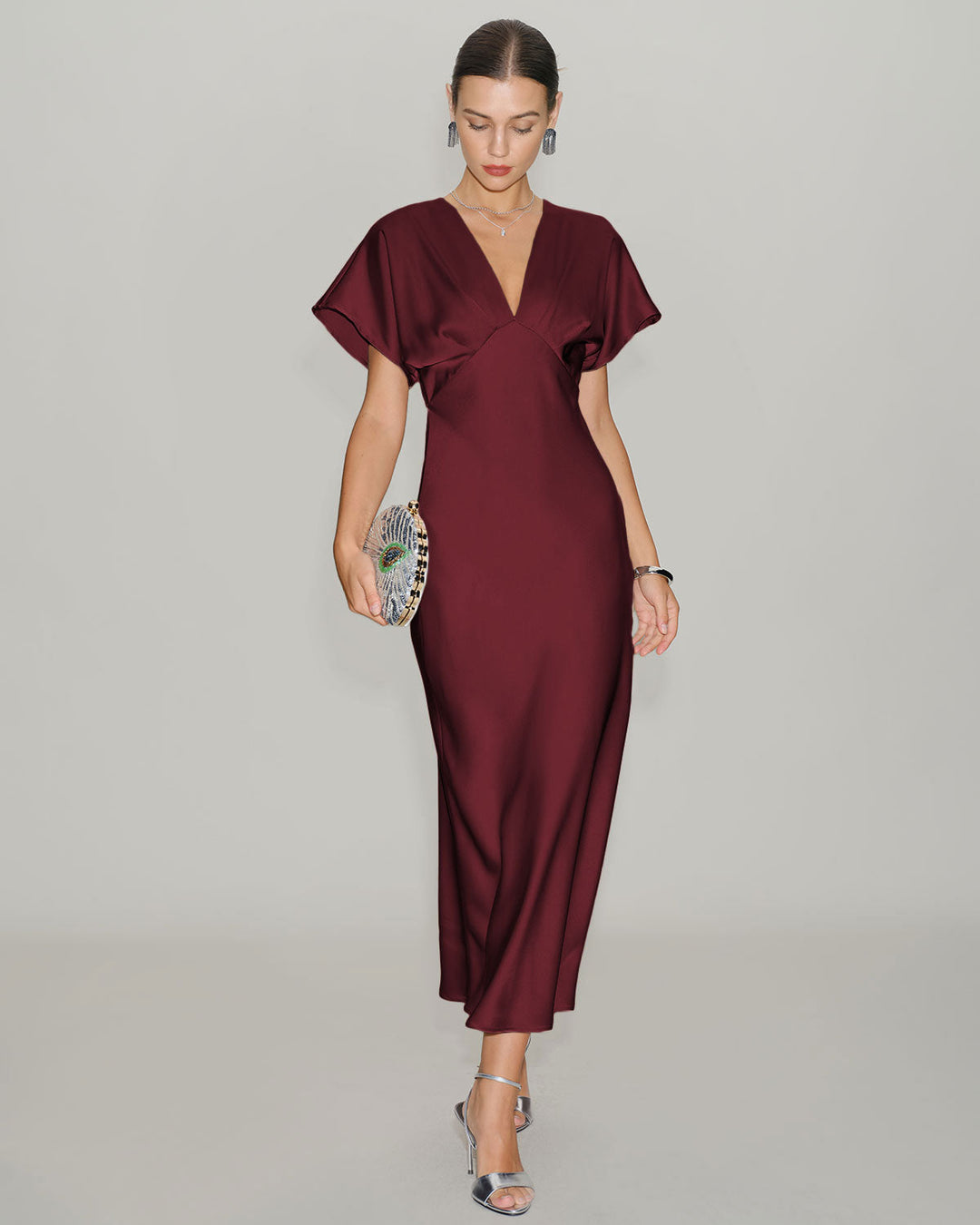 Morgan and Brooke | Satin Cowl Sleeve Midi Dress for Women in Wine Red
