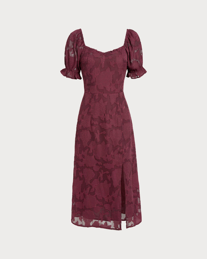 Morgan and Brooke | Wine Red Jacquard Slit Midi Dress
