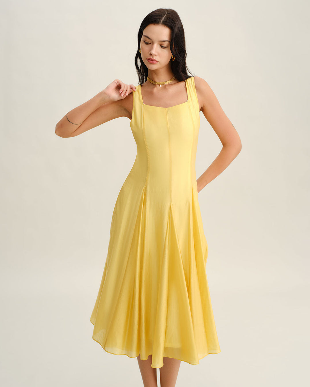Morgan and Brooke | Yellow Square Neck Pleated Midi Dress