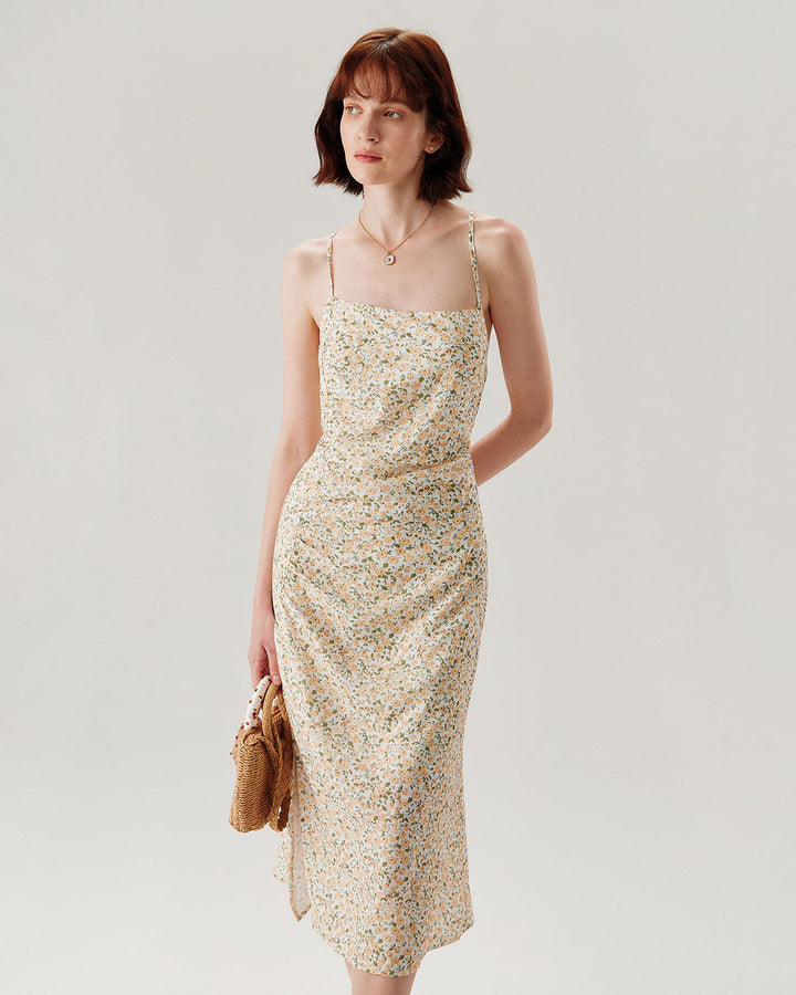 Morgan and Brooke | Floral Ruched Slip Midi Dress for Women in Yellow