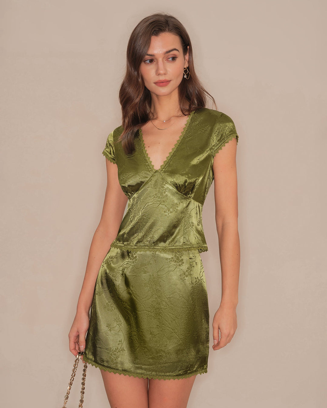 Morgan and Brooke | Floral Satin Mini Skirt for Women in Green