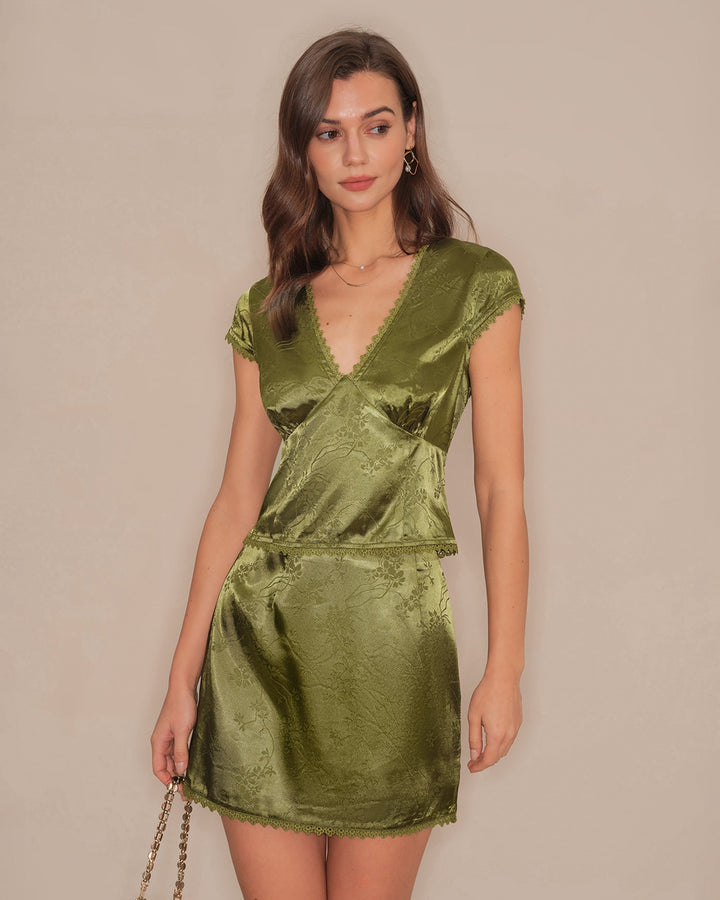 Morgan and Brooke | Floral Satin Mini Skirt for Women in Green