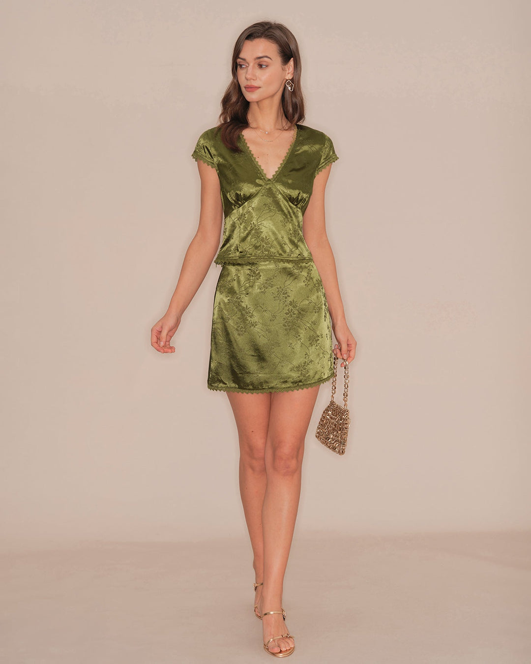 Morgan and Brooke | Floral Satin Mini Skirt for Women in Green