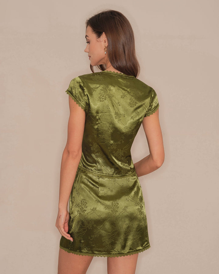 Morgan and Brooke | Floral Satin Mini Skirt for Women in Green