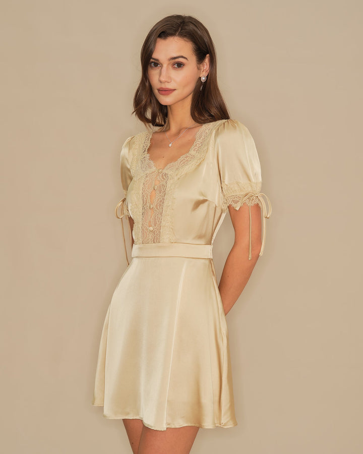 Morgan and Brooke | V Neck Lace Satin Mini Dress for Women in Apricot