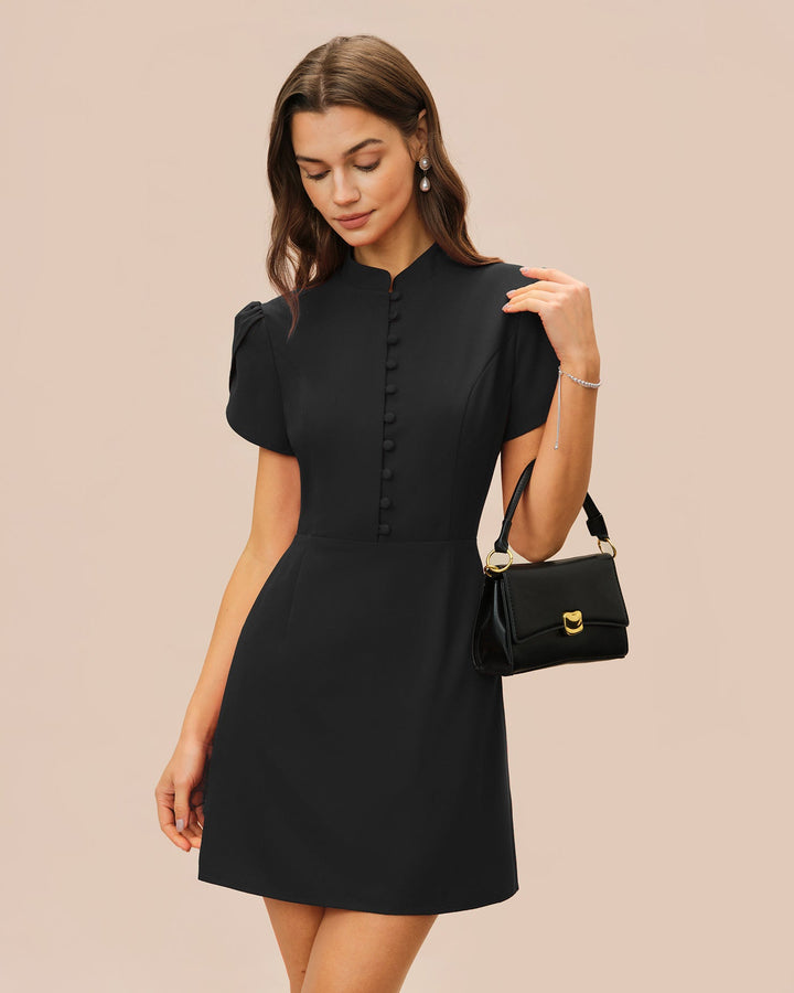 Morgan and Brooke | Black Mandarin Collar Mini Dress