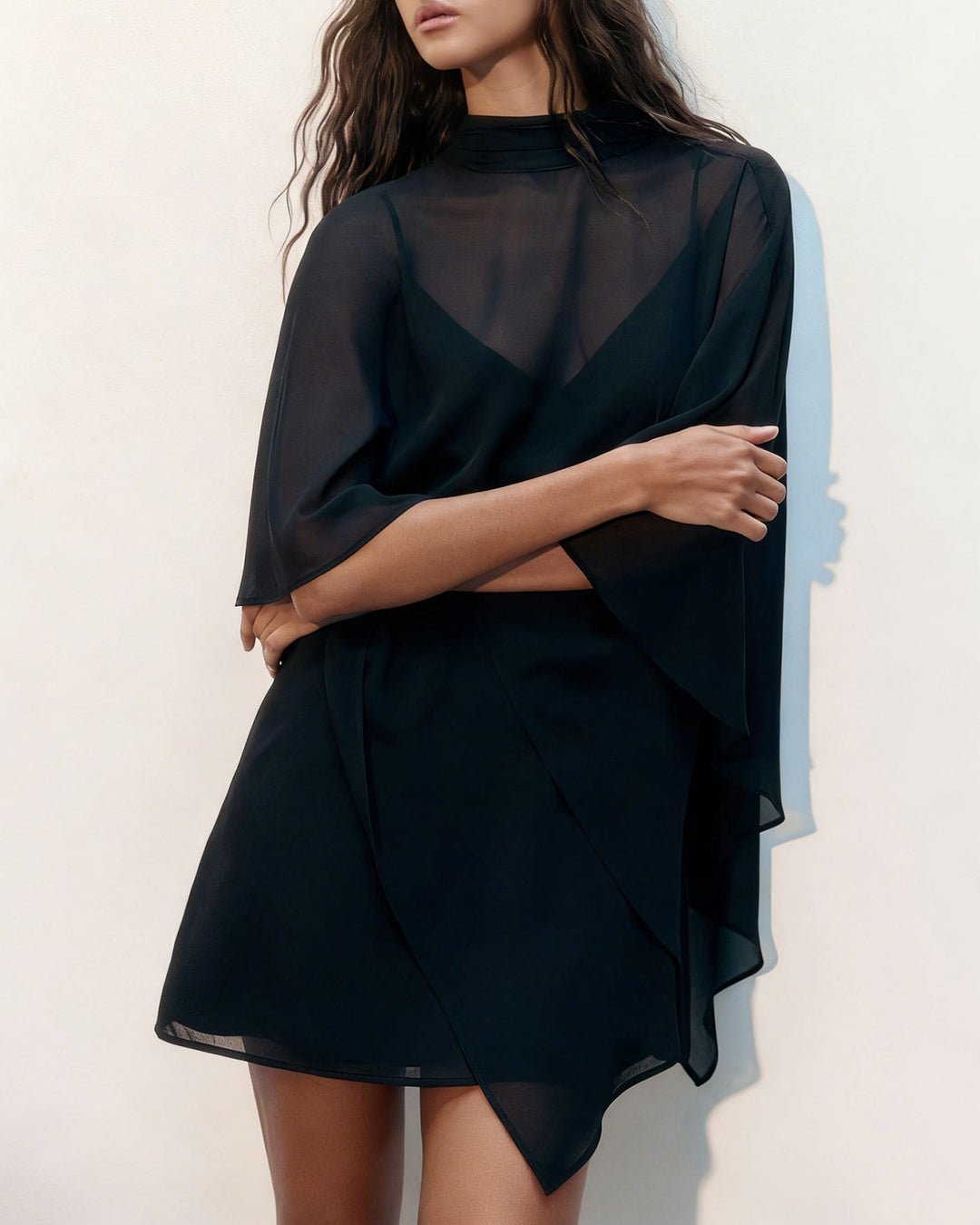 Morgan and Brooke | Black Cape Sleeve Mini Dress
