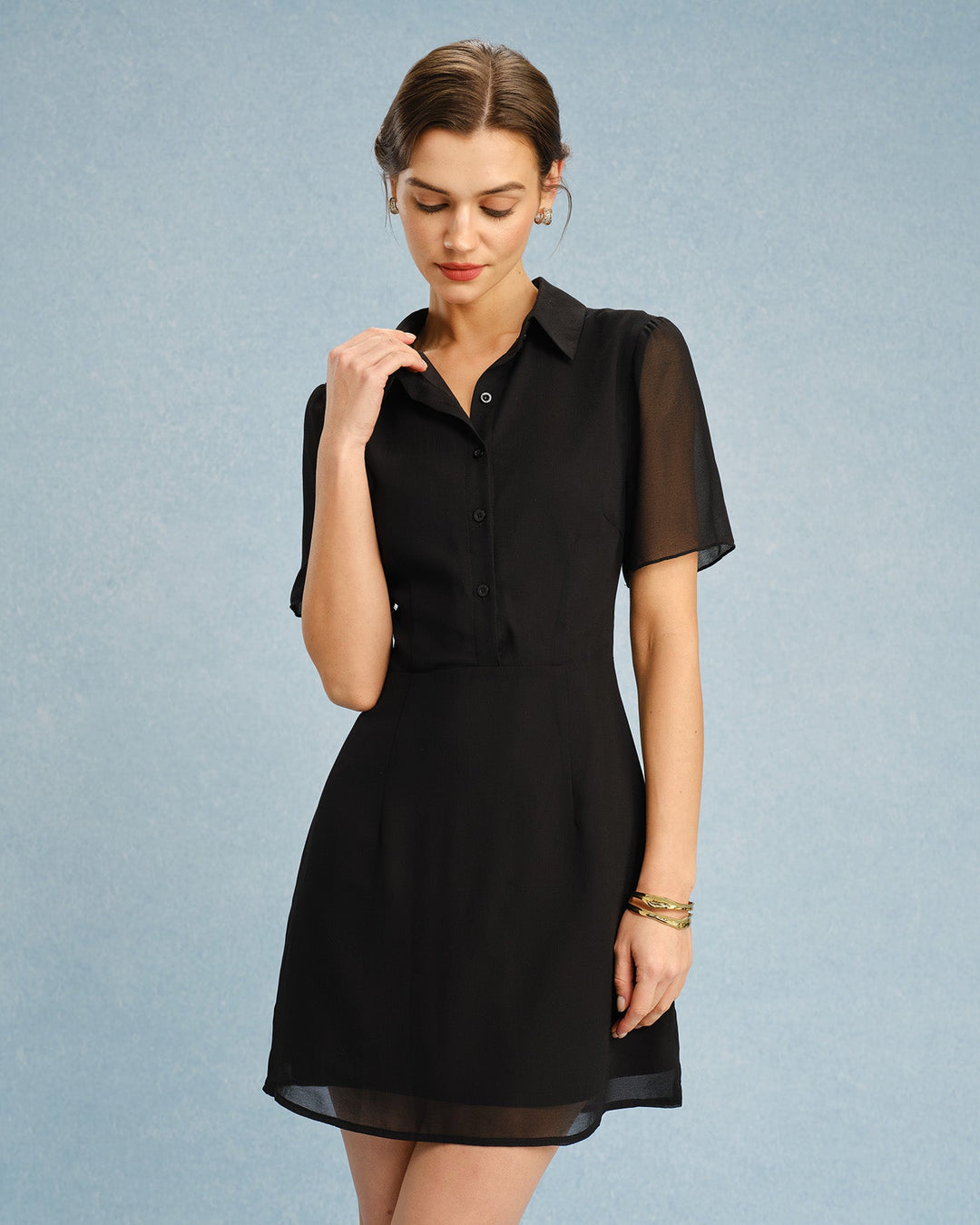 Morgan and Brooke | Black Mini Dress with Button Collar