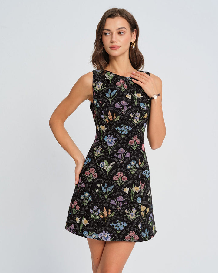 Morgan and Brooke | Floral Boat Neck Mini Dress, Black
