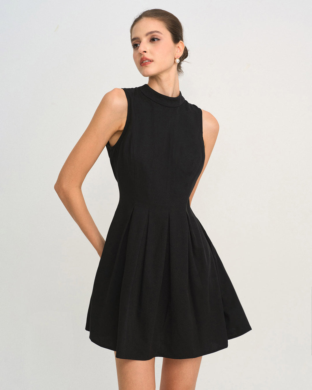 Morgan and Brooke | Black Mock Neck Ruched Sleeveless Mini Dress