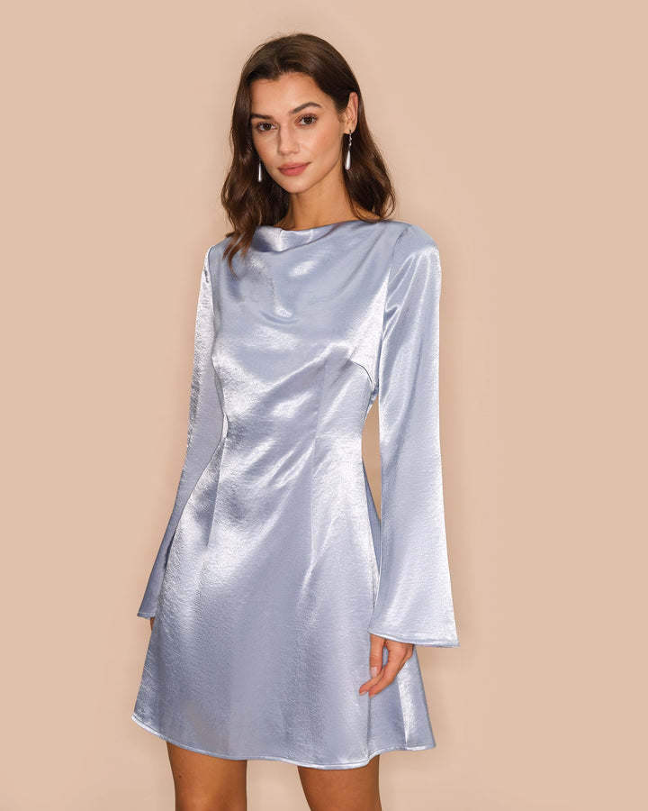 Morgan and Brooke | Satin Mini Dress for Women in Blue with Bell Sleeves