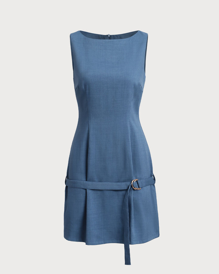 Morgan and Brooke | Boat Neck Belted Mini Dress for Women in Blue