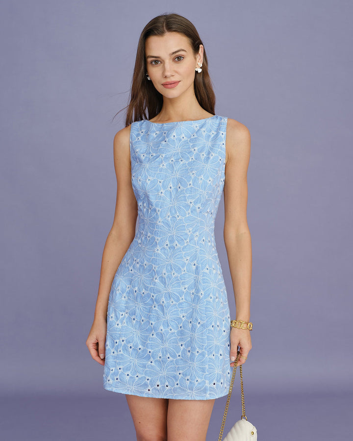 Morgan and Brooke | Sleeveless Mini Dress in Blue Embroidery