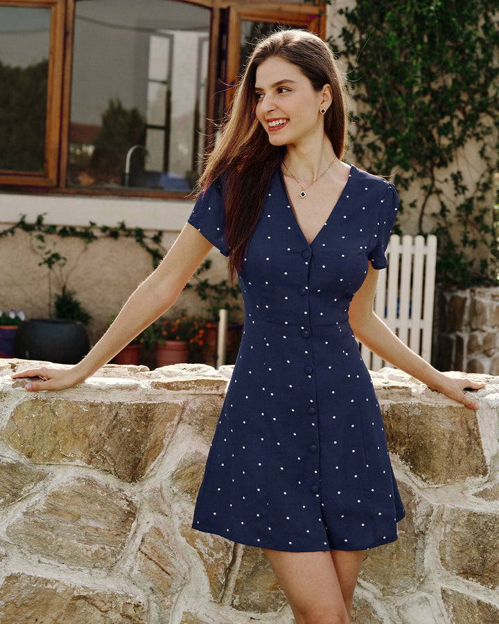 Morgan and Brooke | V Neck Polka Dot Button Mini Dress, Blue