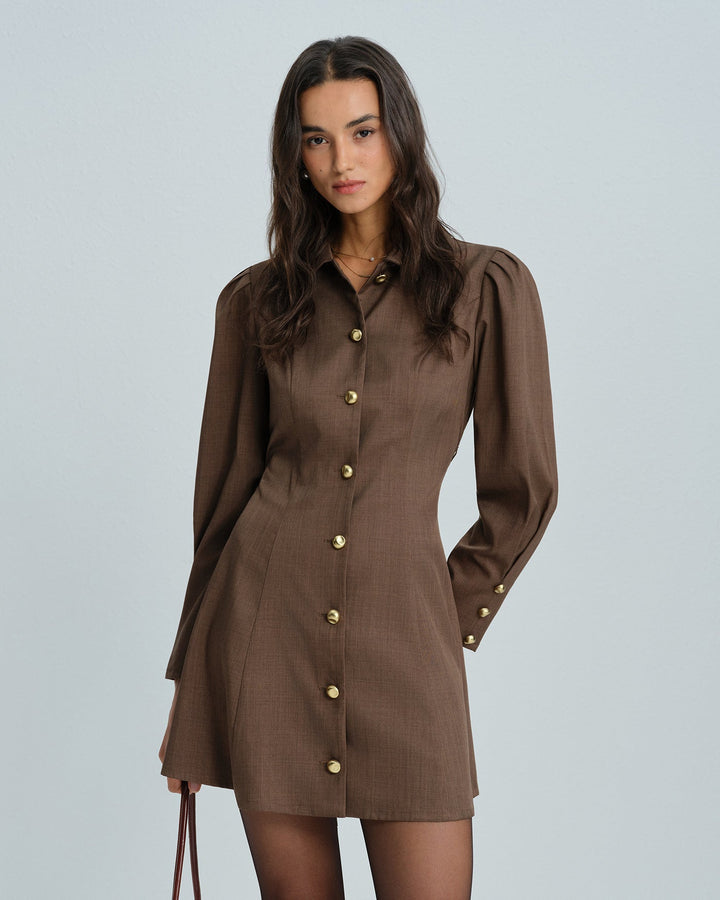 Morgan and Brooke | Brown Tie Button Mini Dress