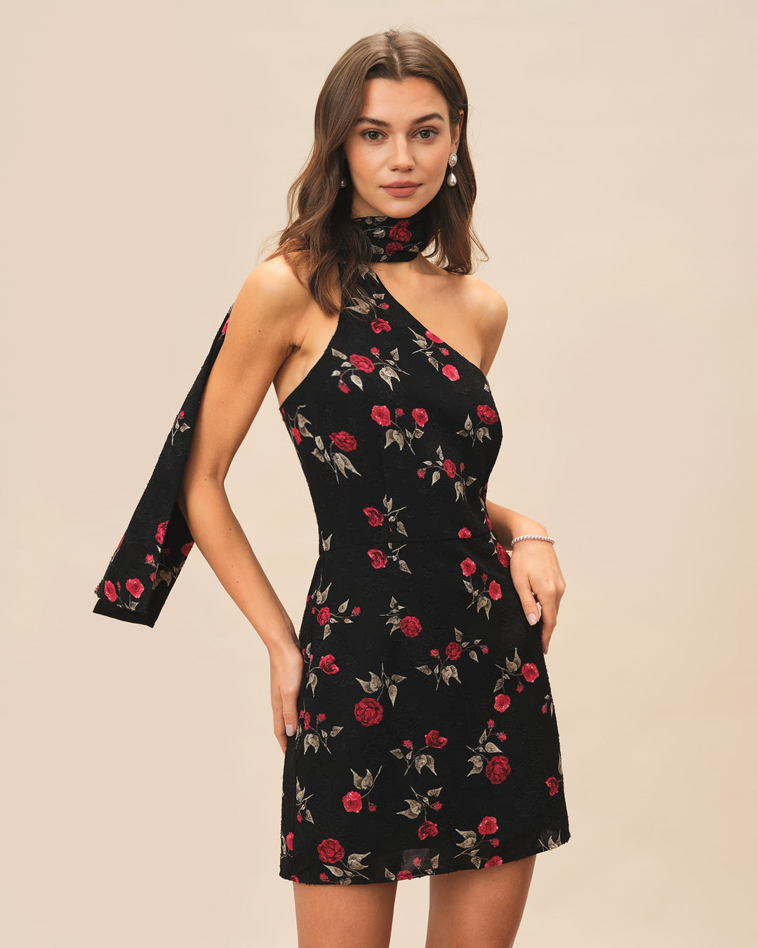 Morgan and Brooke | One Shoulder Mini Dress in Black Jacquard