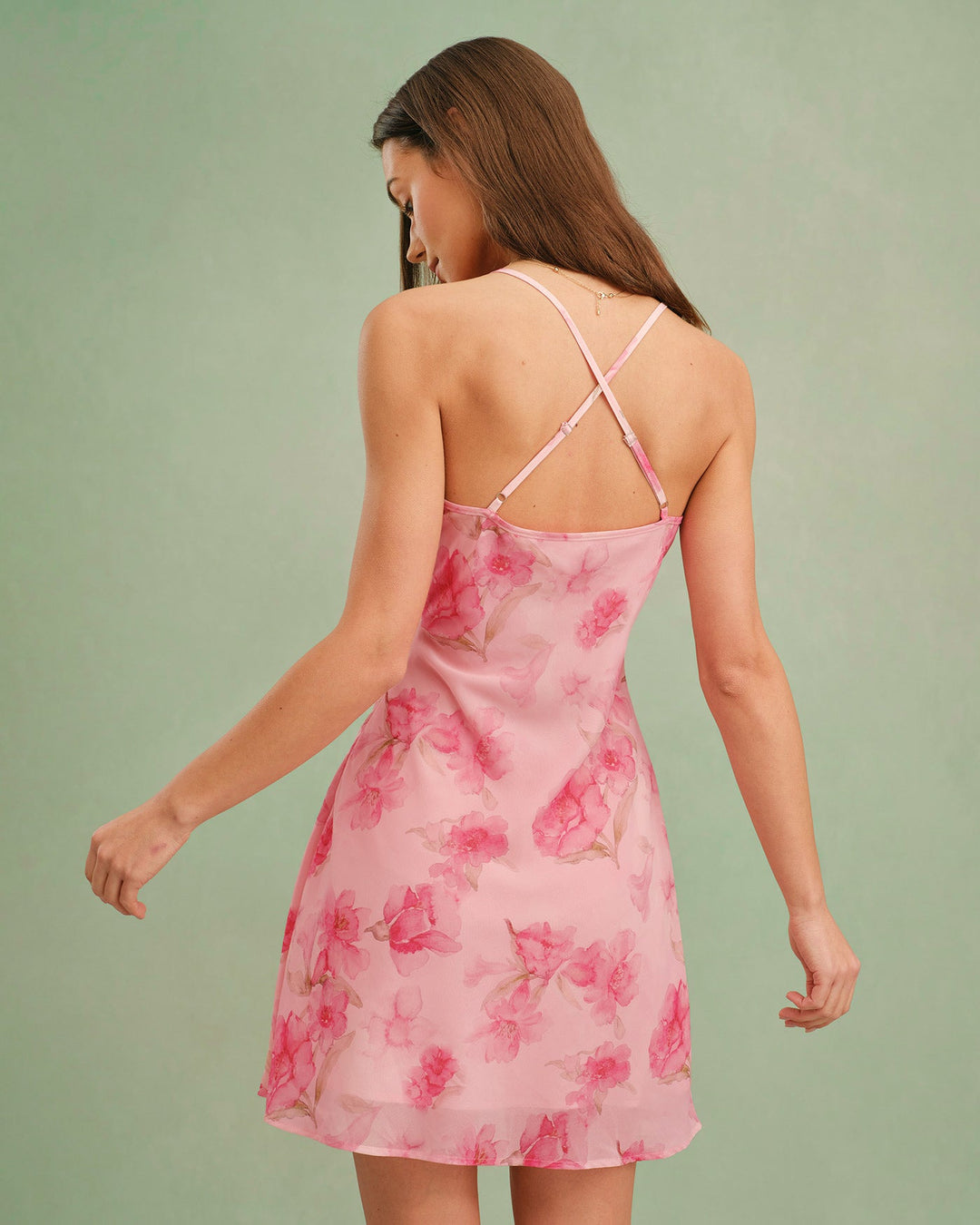 Morgan and Brooke | Floral Slip Mini Dress for Women in Pink with Cowl Neck