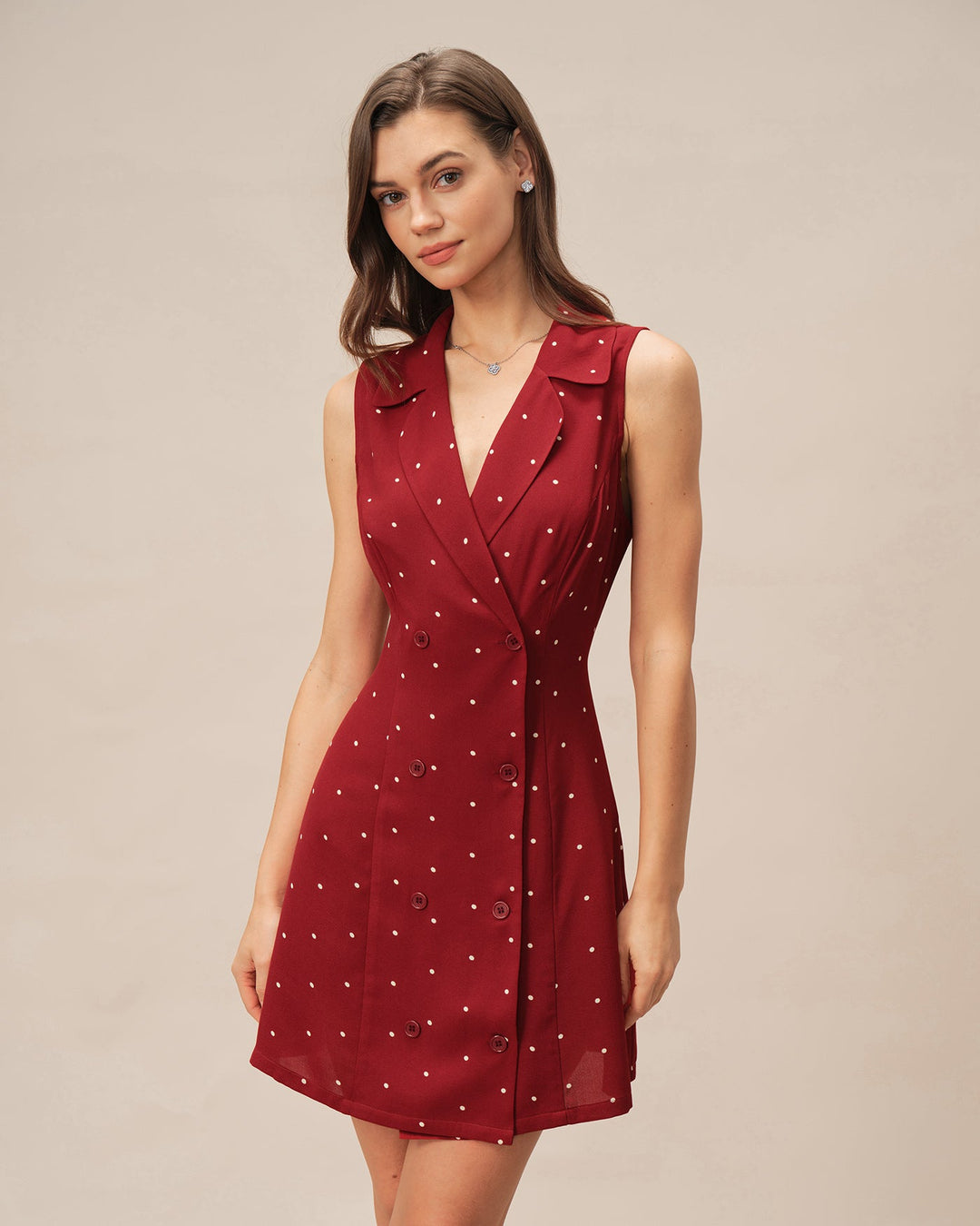 Morgan and Brooke | V Neck Polka Dot Mini Dress for Women in Red