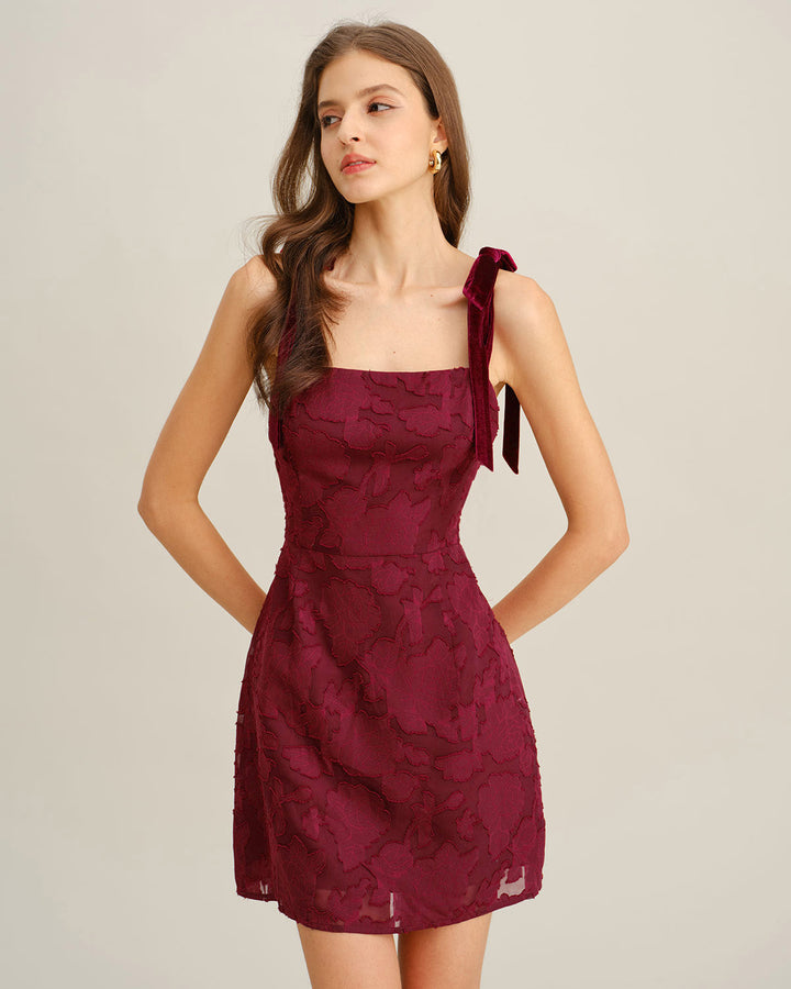 Morgan and Brooke | Floral Tie Strap Mini Dress in Wine Red