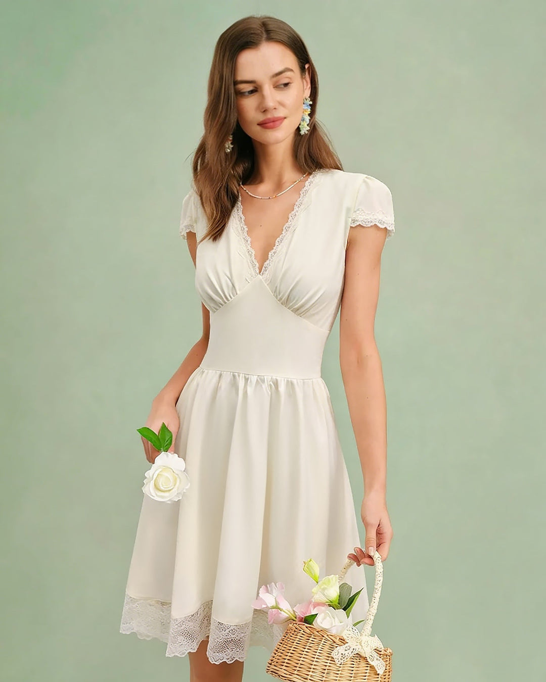 Morgan and Brooke | V Neck Lace Splicing Mini Dress for Women in Apricot