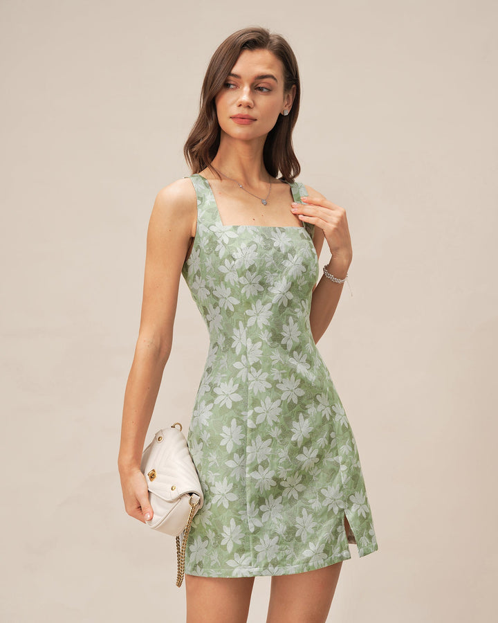 Morgan and Brooke | Floral Mini Dress for Women in Green with Square Neck and Slit