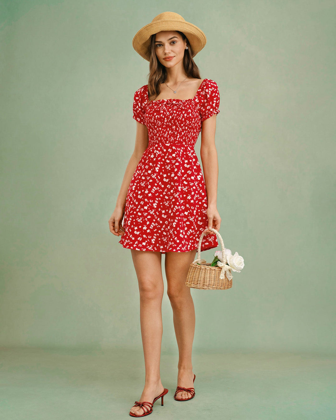 Morgan and Brooke | Floral Mini Dress for Women in Red with Square Neck