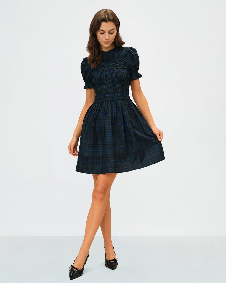 Morgan and Brooke | Green Plaid Puffed Sleeve Mini Dress
