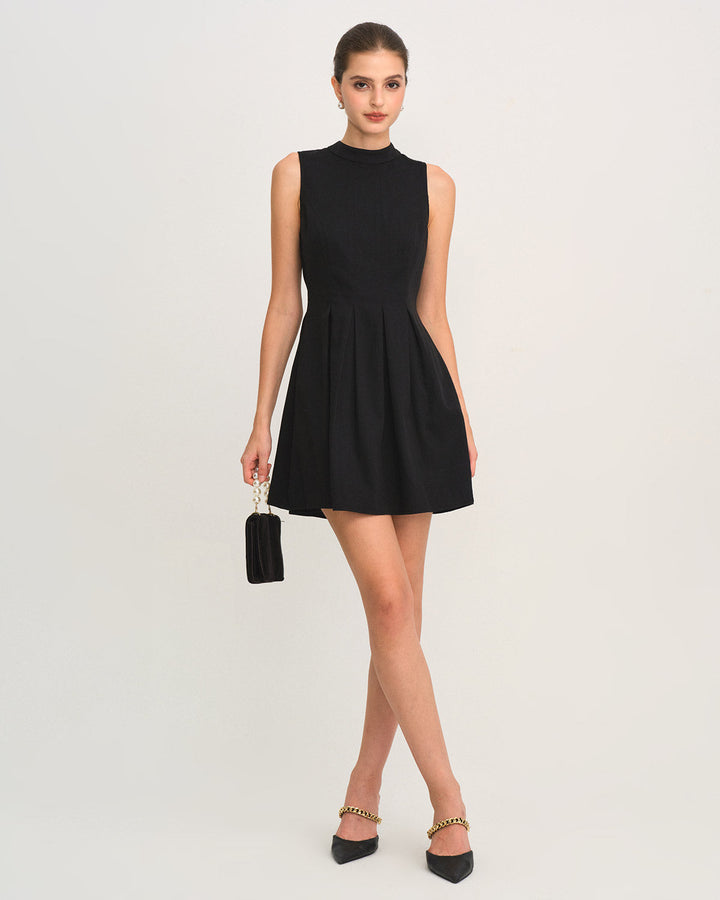 Morgan and Brooke | Black Mock Neck Ruched Sleeveless Mini Dress