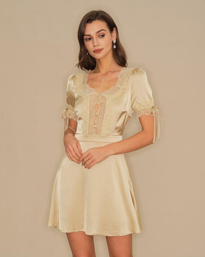 Morgan and Brooke | V Neck Lace Satin Mini Dress for Women in Apricot