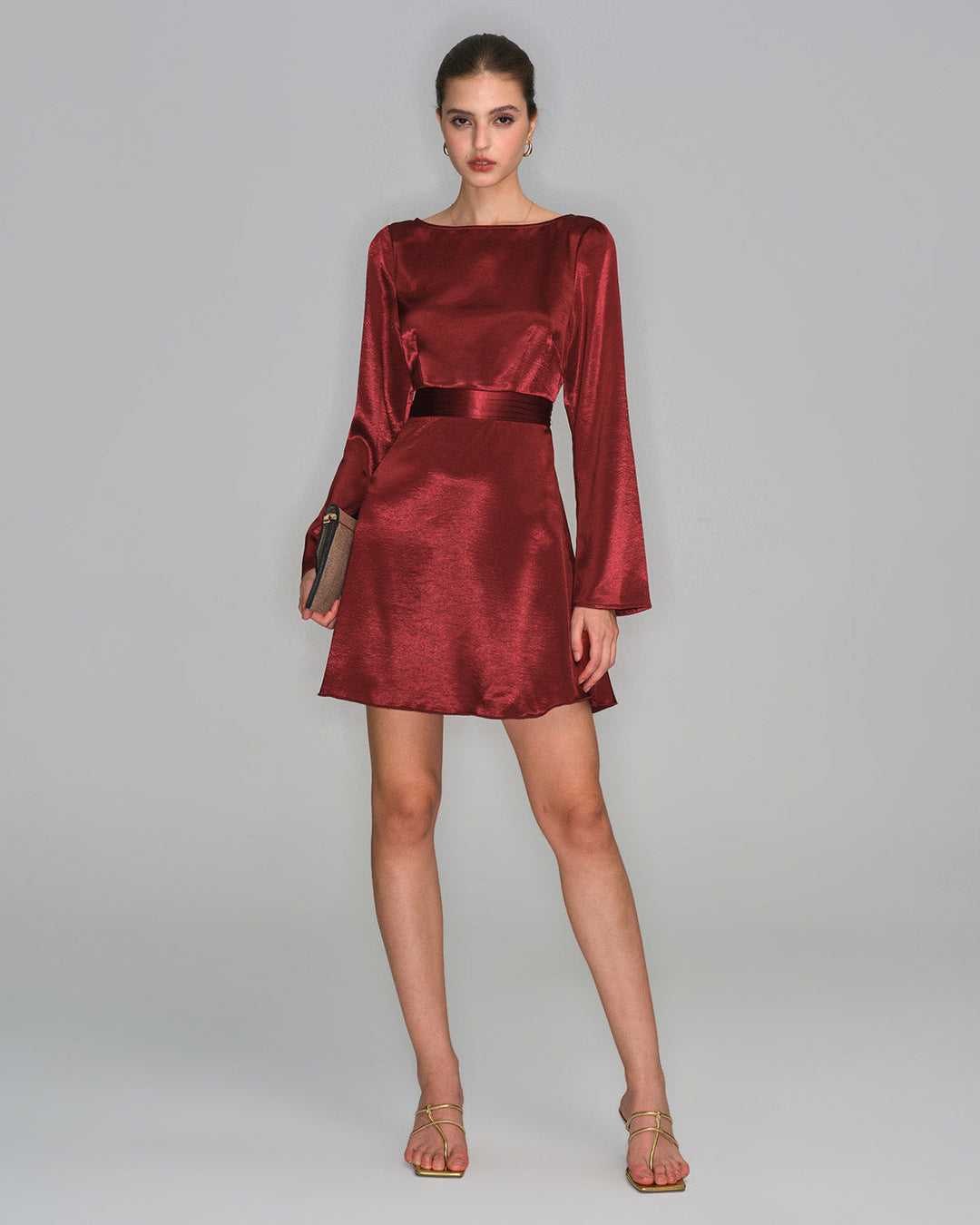 Morgan and Brooke | Satin Bell Sleeve Mini Dress for Women in Wine Red