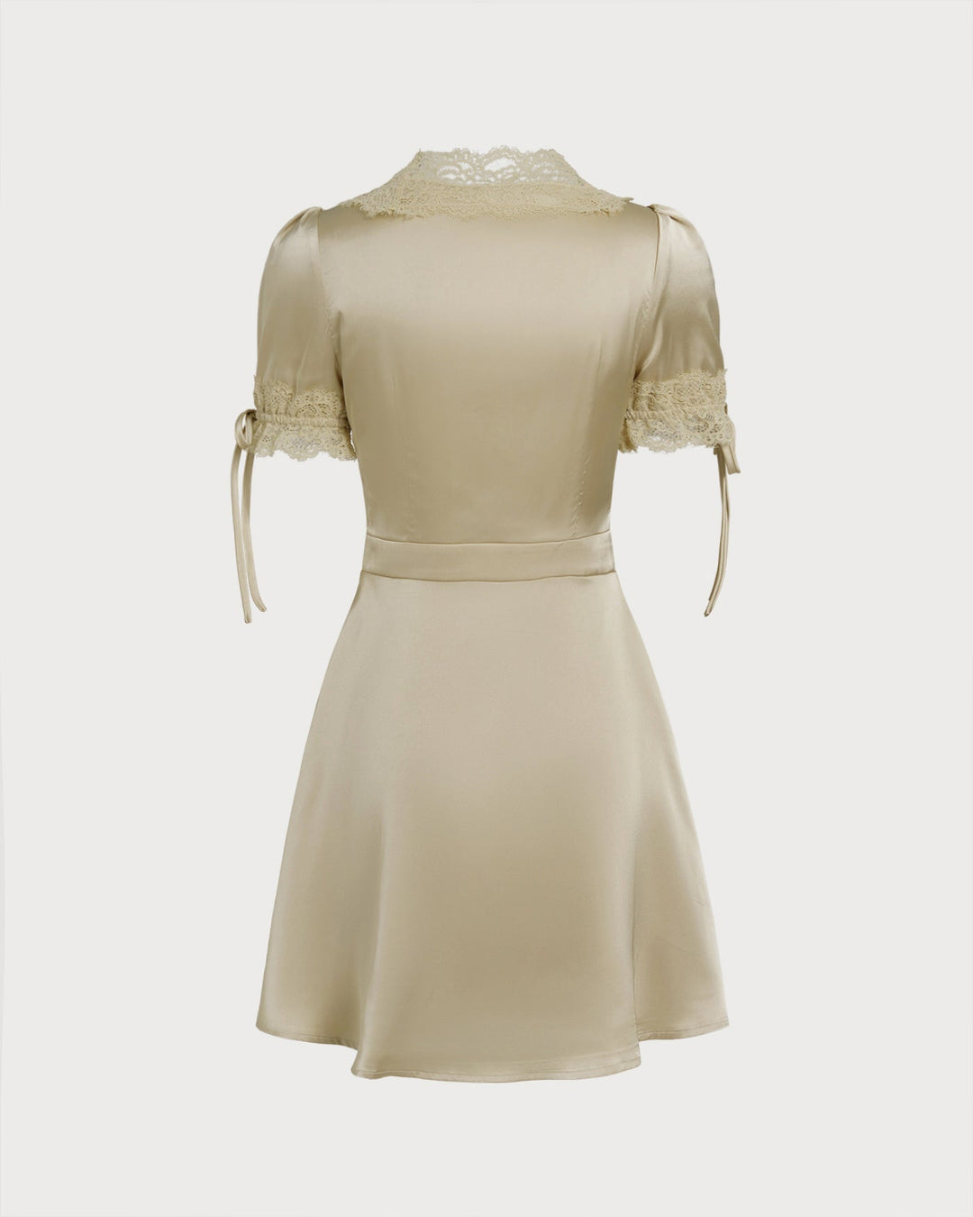 Morgan and Brooke | V Neck Lace Satin Mini Dress for Women in Apricot