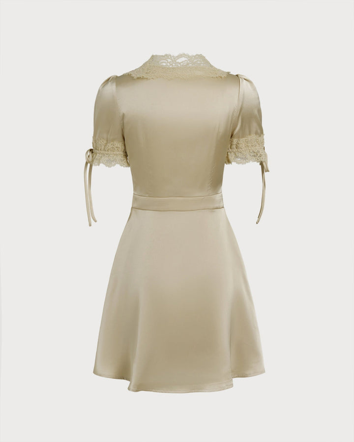 Morgan and Brooke | V Neck Lace Satin Mini Dress for Women in Apricot