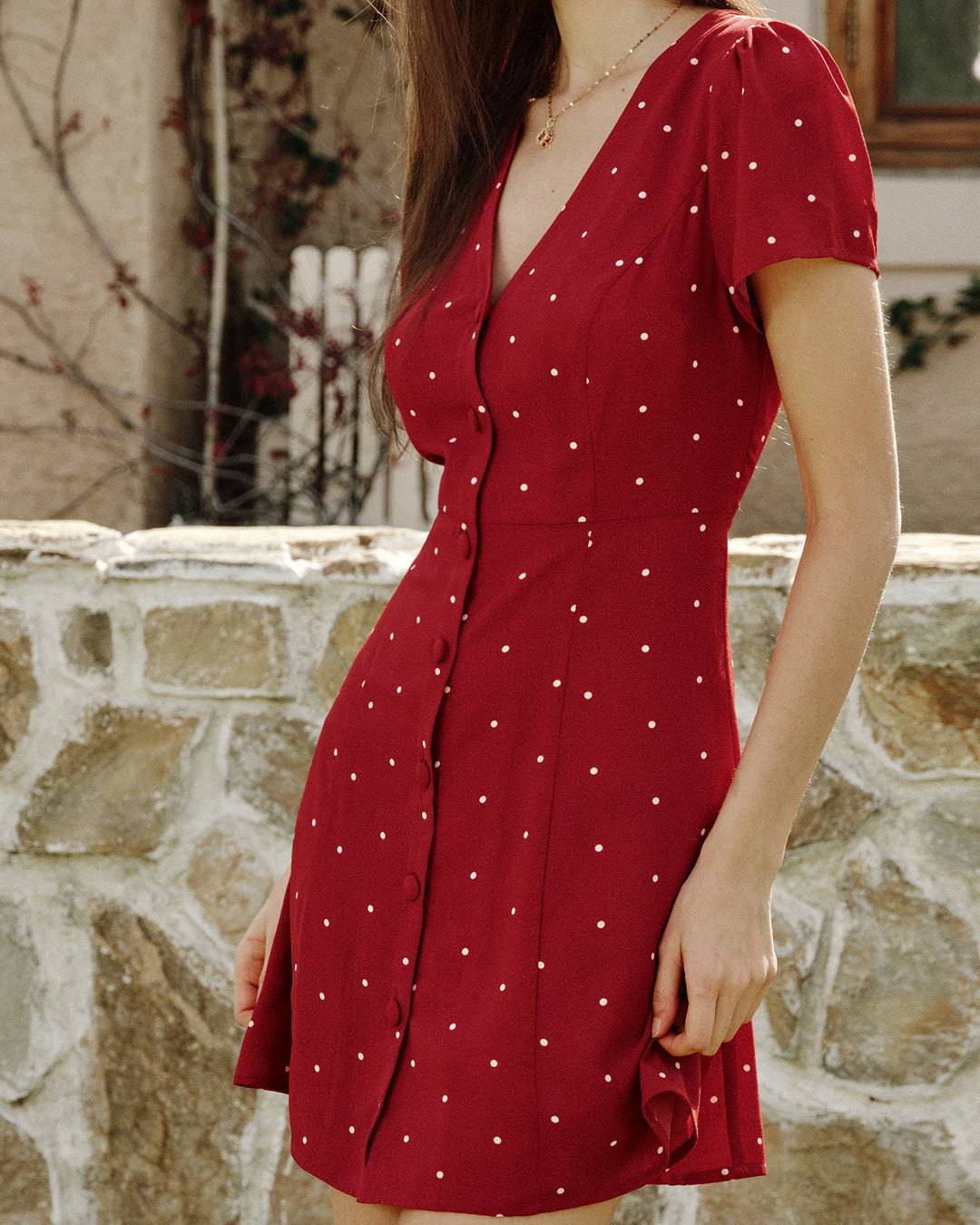 Morgan and Brooke | V Neck Polka Dot Mini Dress in Wine Red