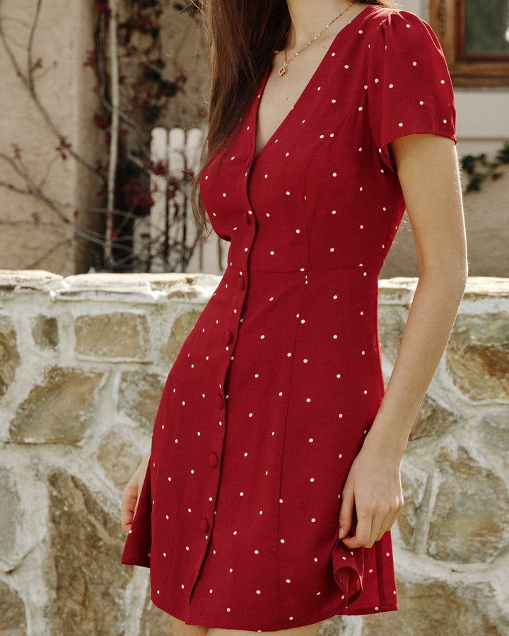 Morgan and Brooke | V Neck Polka Dot Mini Dress in Wine Red