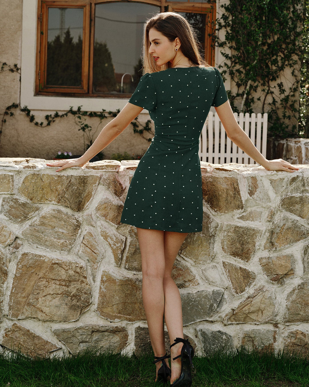 Morgan and Brooke | V Neck Polka Dot Mini Dress for Women in Green