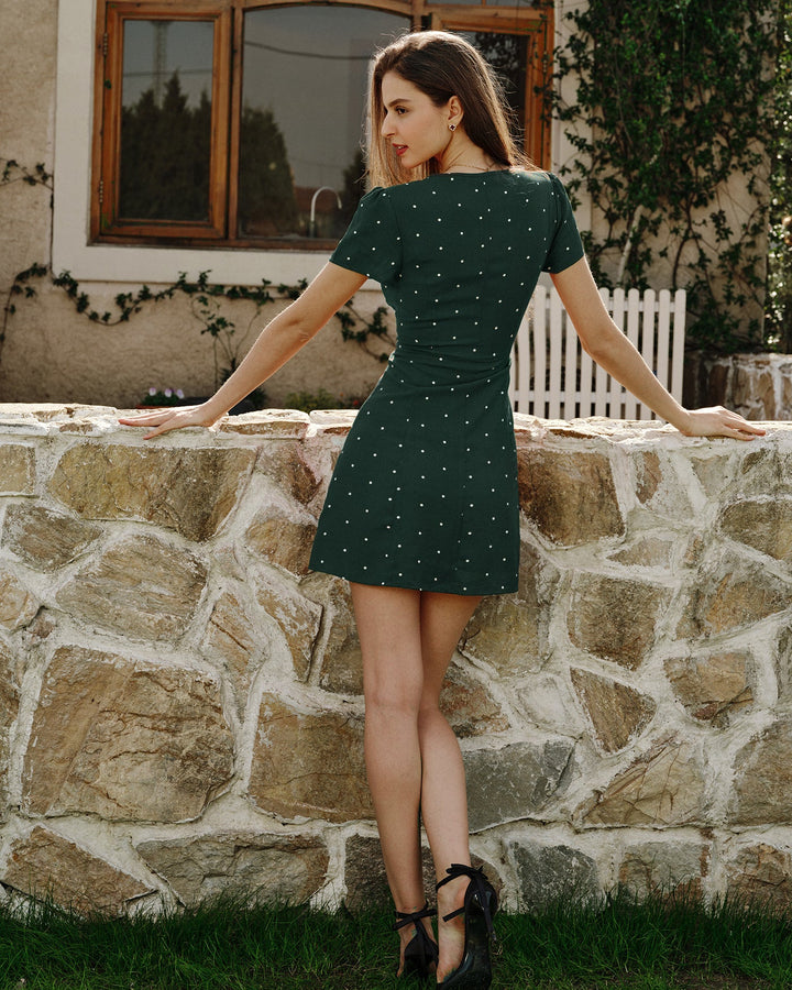 Morgan and Brooke | V Neck Polka Dot Mini Dress for Women in Green