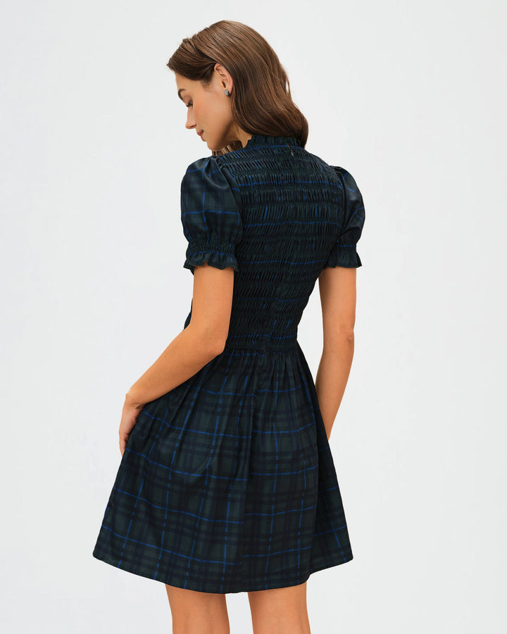 Morgan and Brooke | Green Plaid Puffed Sleeve Mini Dress