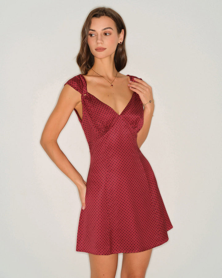 Morgan and Brooke | Satin Mini Dress for Women in Red with Polka Dots