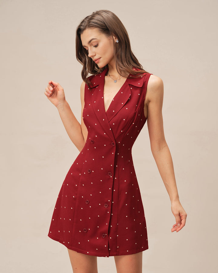 Morgan and Brooke | V Neck Polka Dot Mini Dress for Women in Red