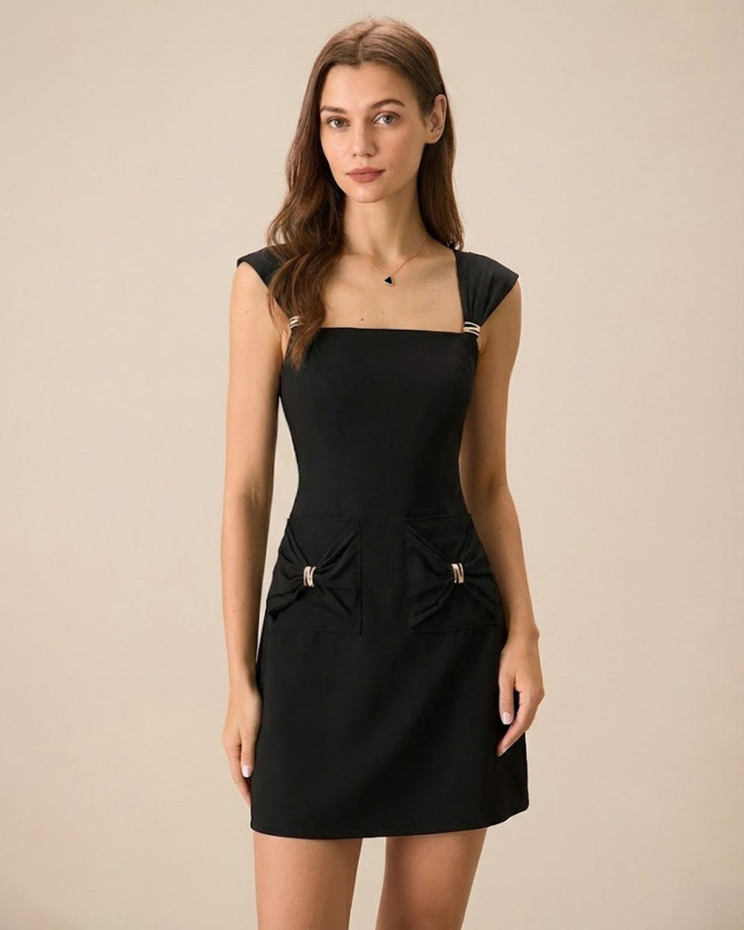 Morgan and Brooke | Black Square Neck Cap Sleeve Mini Dress
