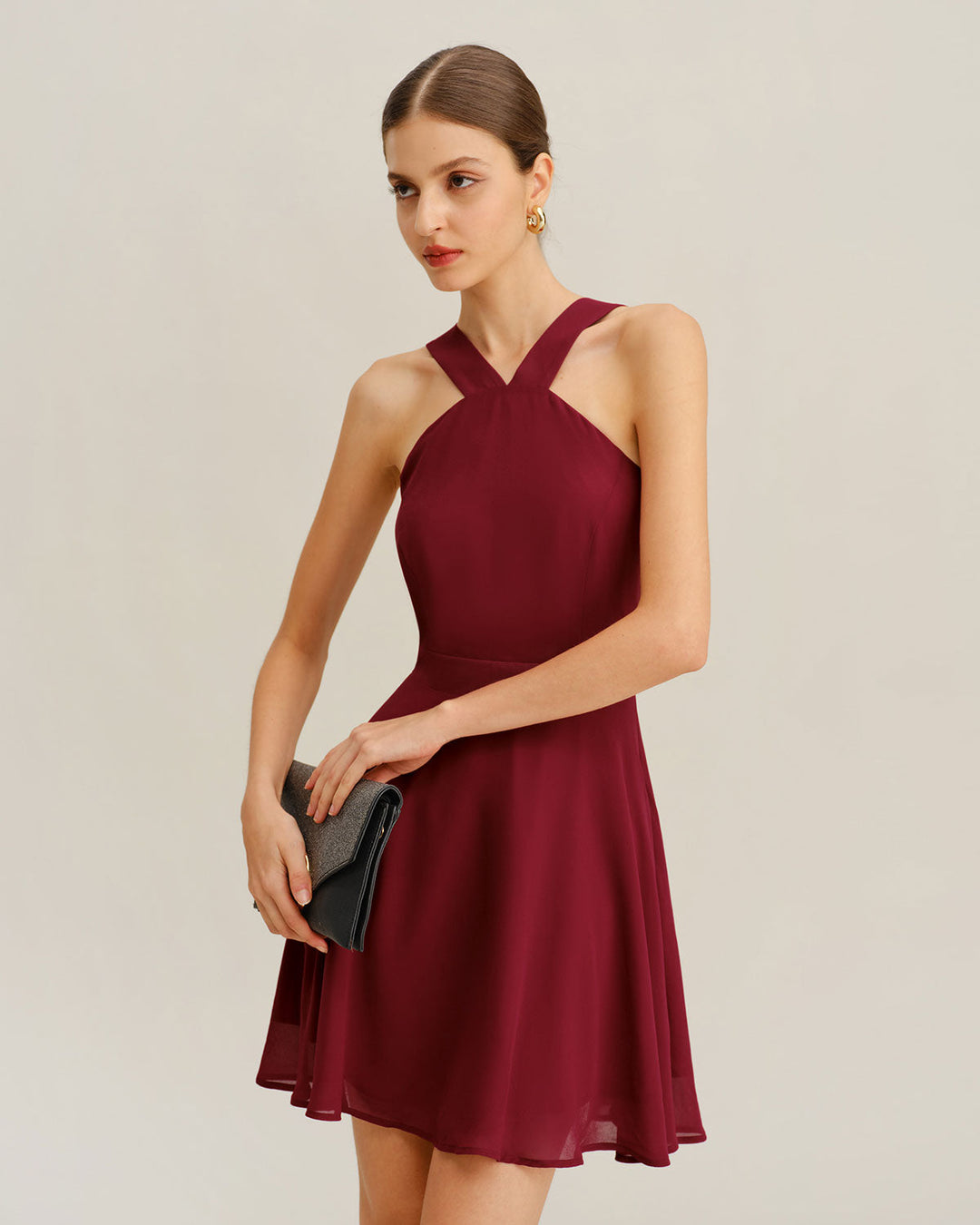 Morgan and Brooke | Chiffon A-Line Mini Dress for Women in Wine Red