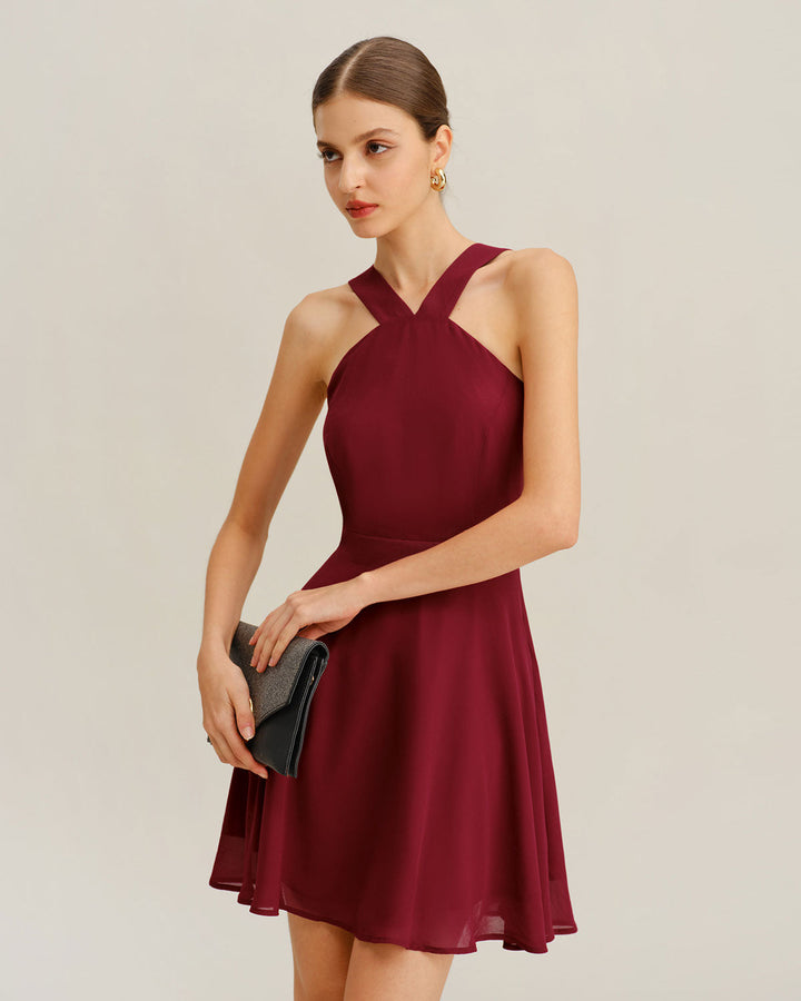 Morgan and Brooke | Chiffon A-Line Mini Dress for Women in Wine Red