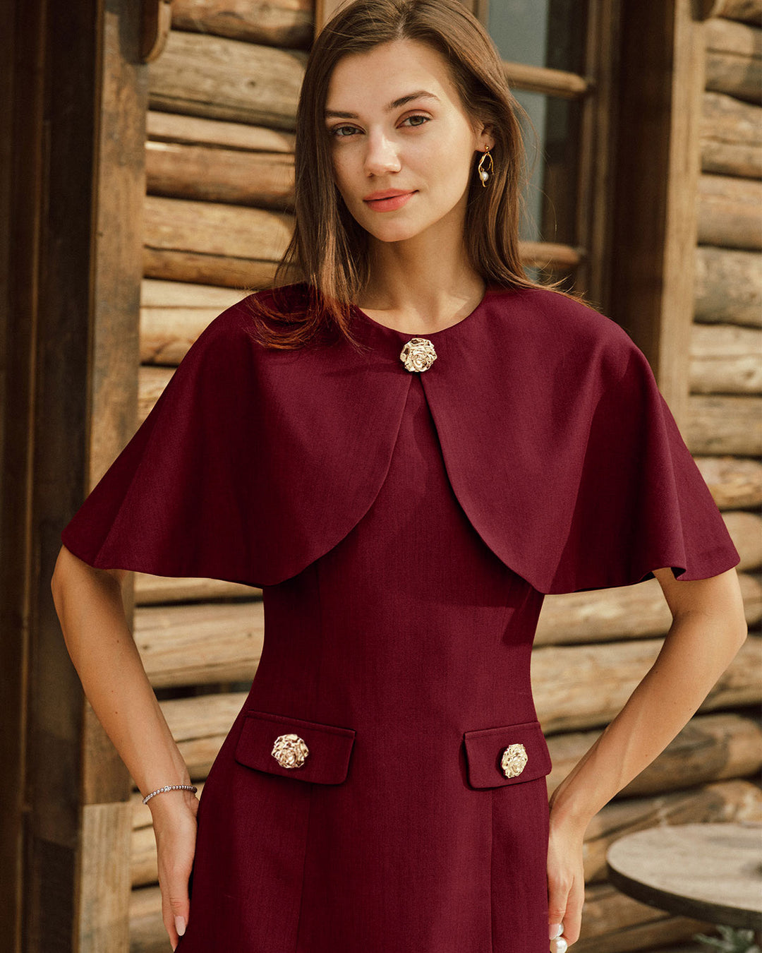 Morgan and Brooke | Cape Sleeve Pocket Mini Dress for Women in Wine Red