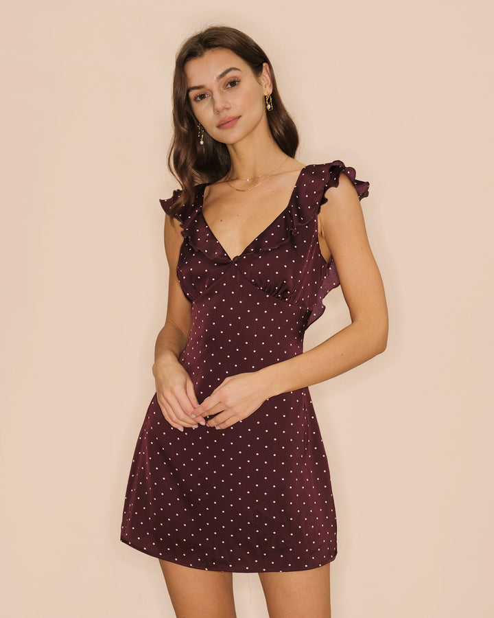 Morgan and Brooke | V Neck Polka Dot Satin Mini Dress in Purple